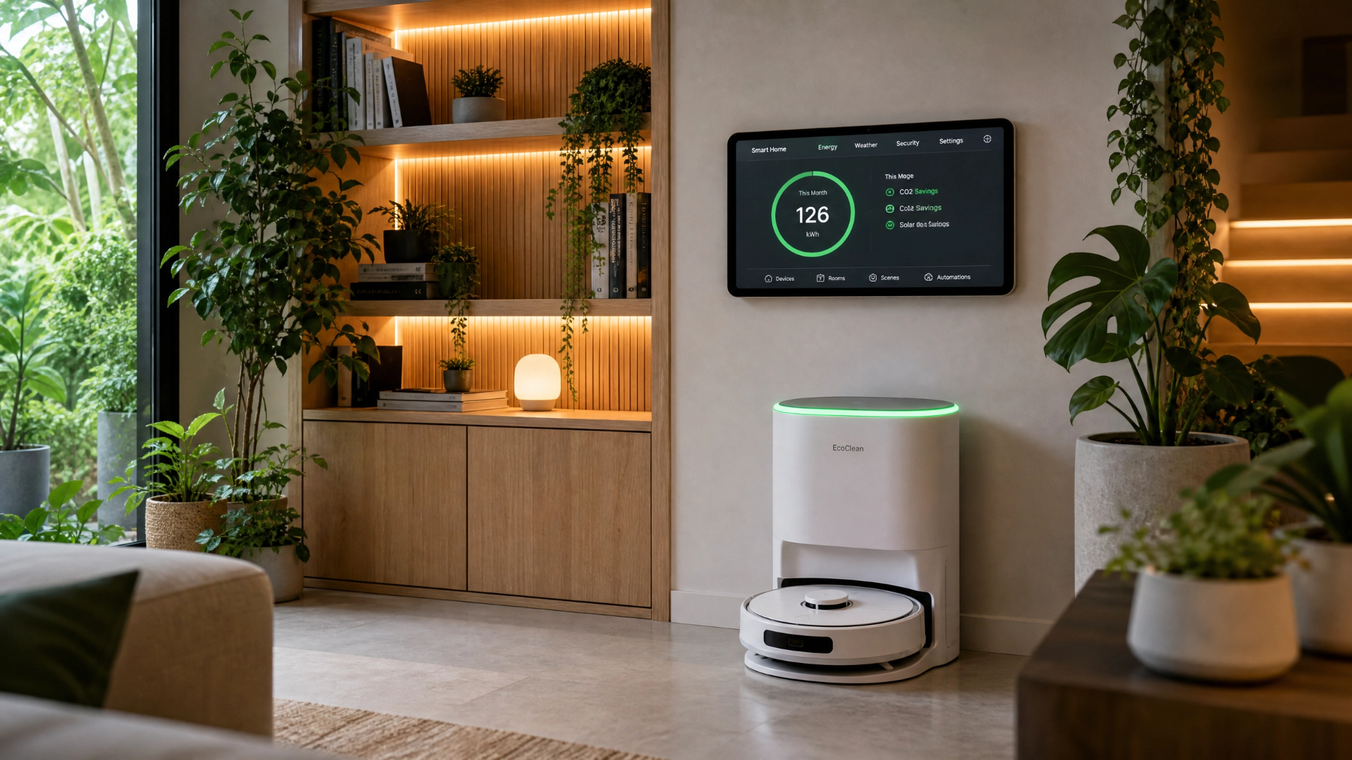 Energy-efficient robot vacuum docked in a sustainable smart home
