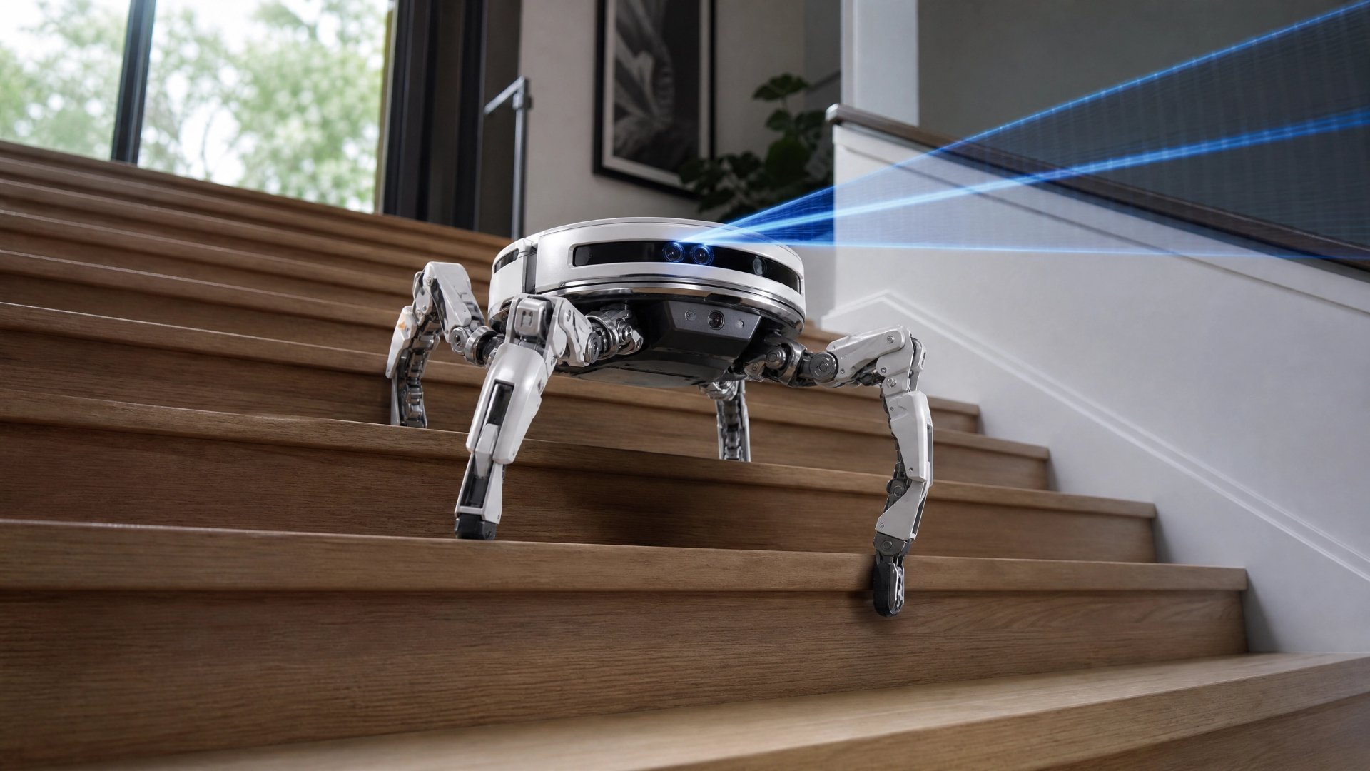 A conceptual stair-climbing robot vacuum with articulated legs on a staircase