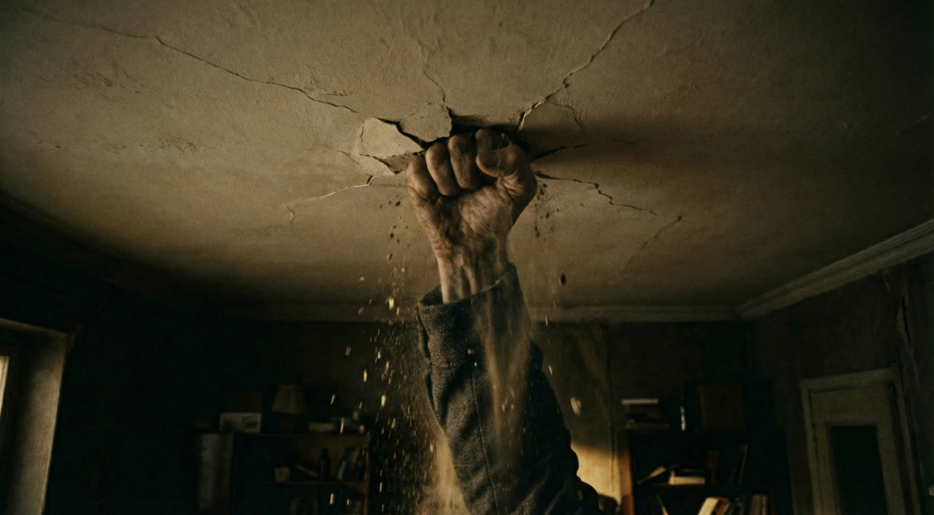An angry fist punching through a ceiling
