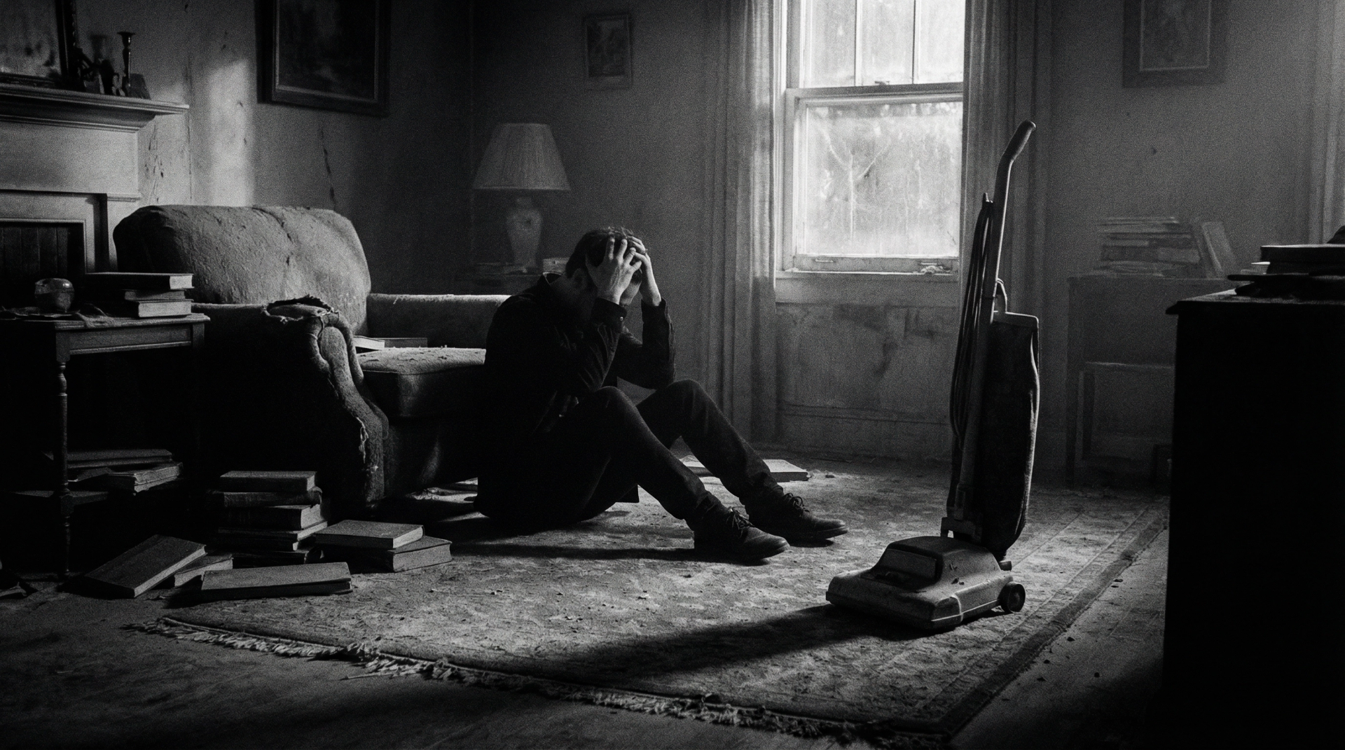 A person sitting defeated next to a vacuum cleaner