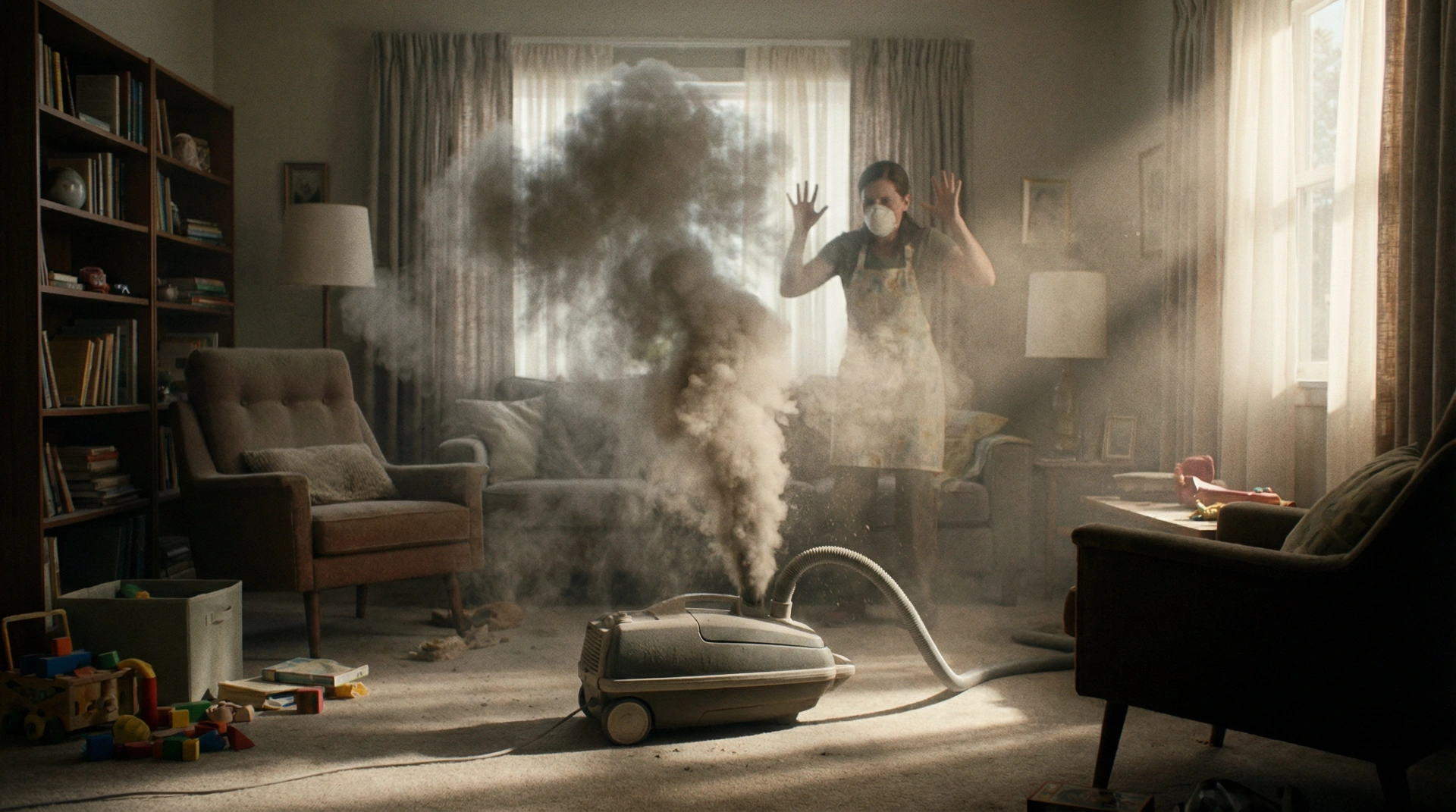 A vacuum spraying dust everywhere instead of collecting it