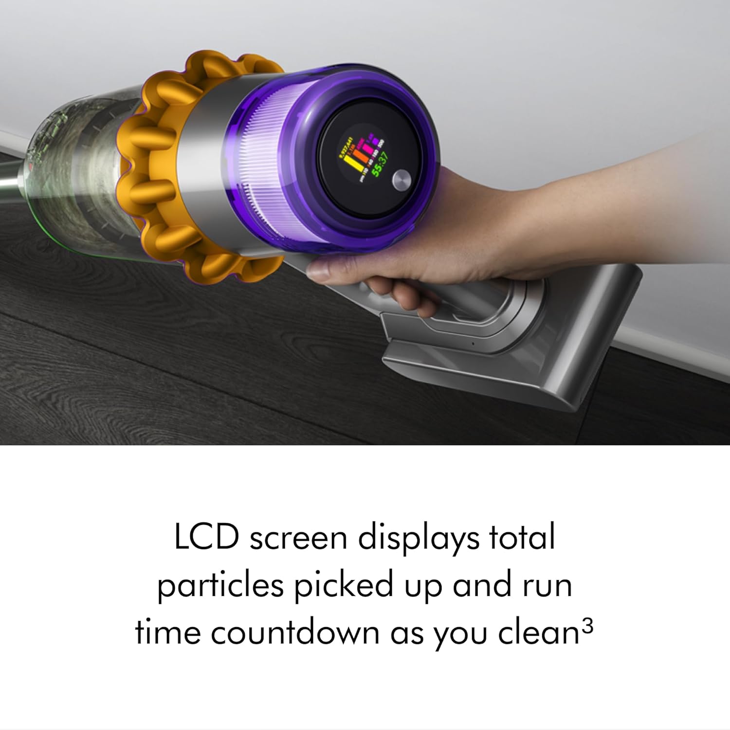 Dyson V15 Detect LCD screen showing particle count and size data