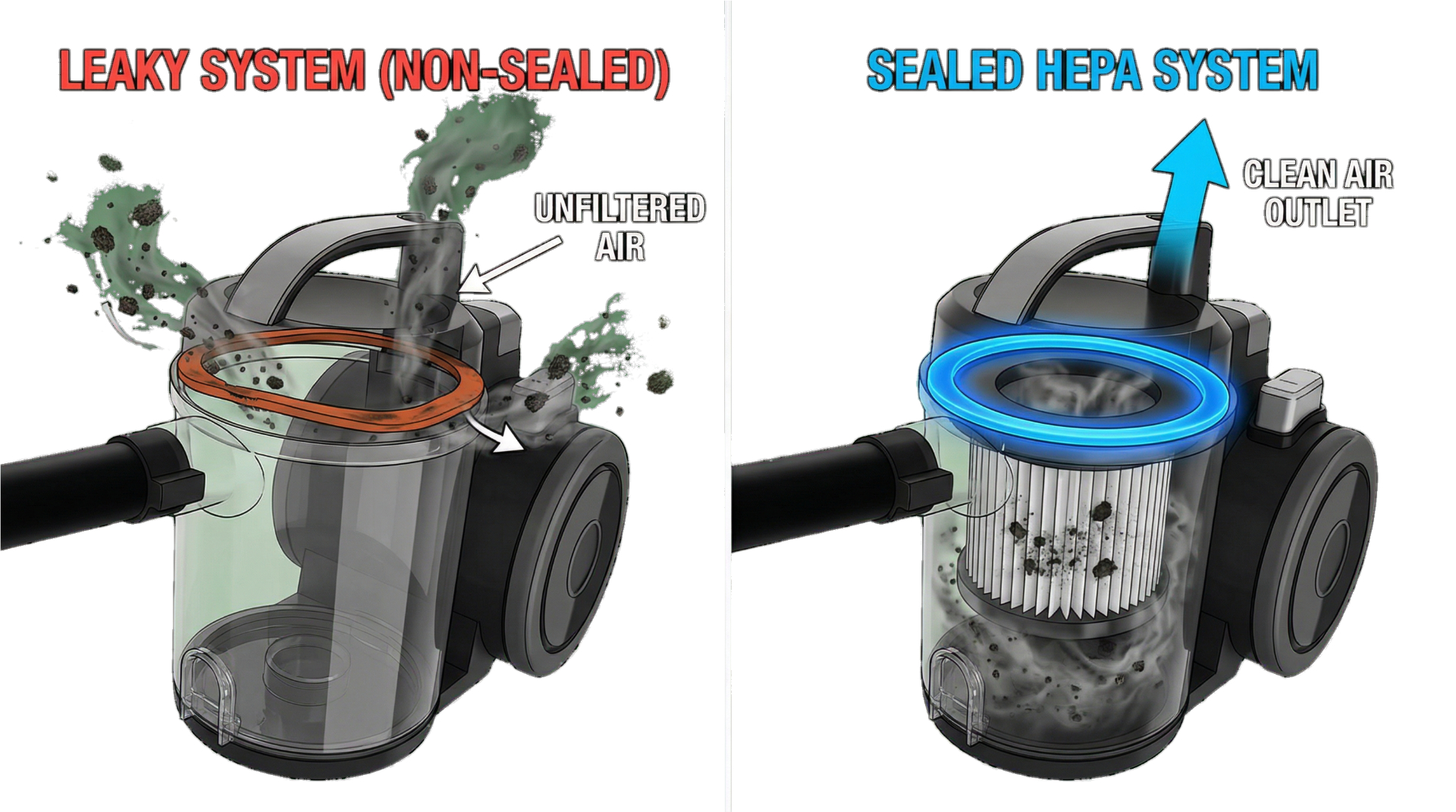 Filtration smoke test comparing leaky non-sealed system vs sealed HEPA system