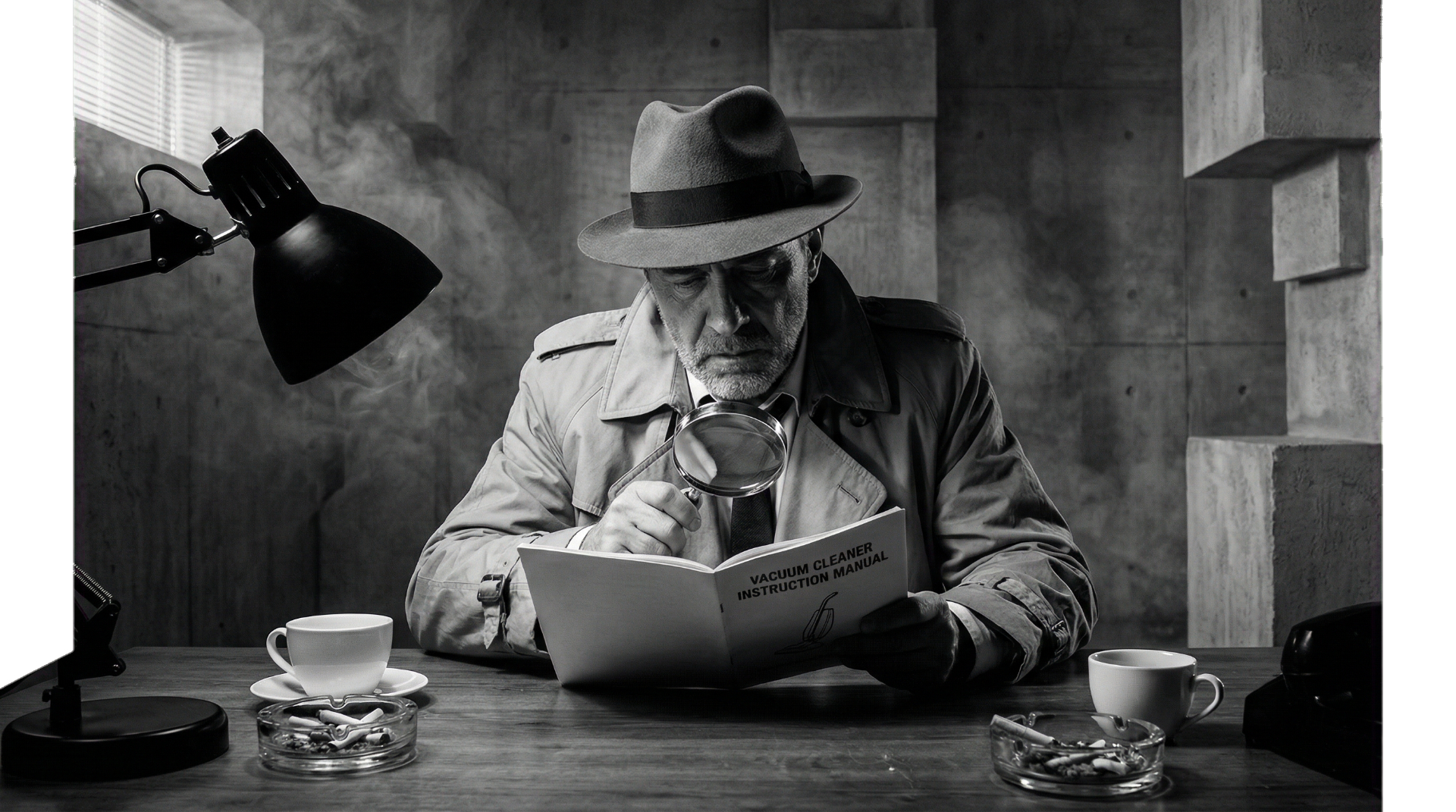 Detective examining vacuum cleaner manual