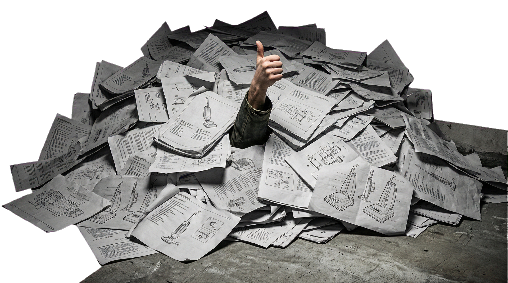 Mountain of vacuum manuals with thumbs up