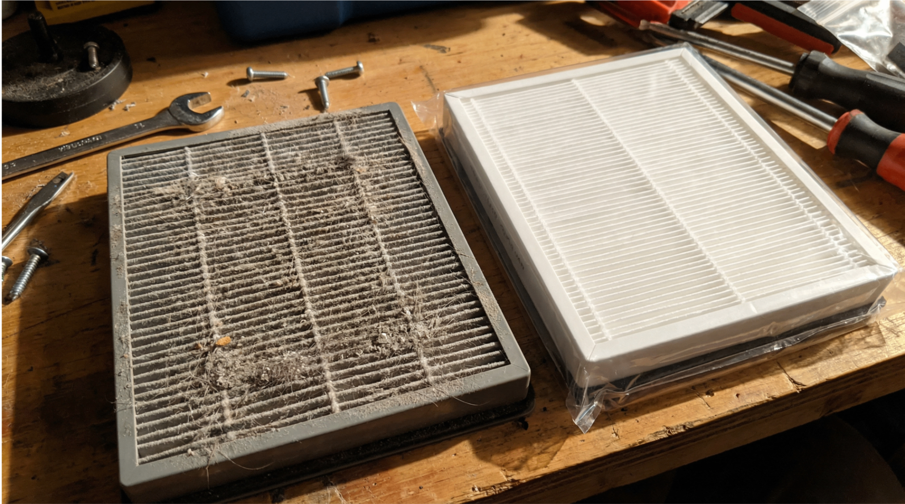 Dirty filter compared to a clean new filter