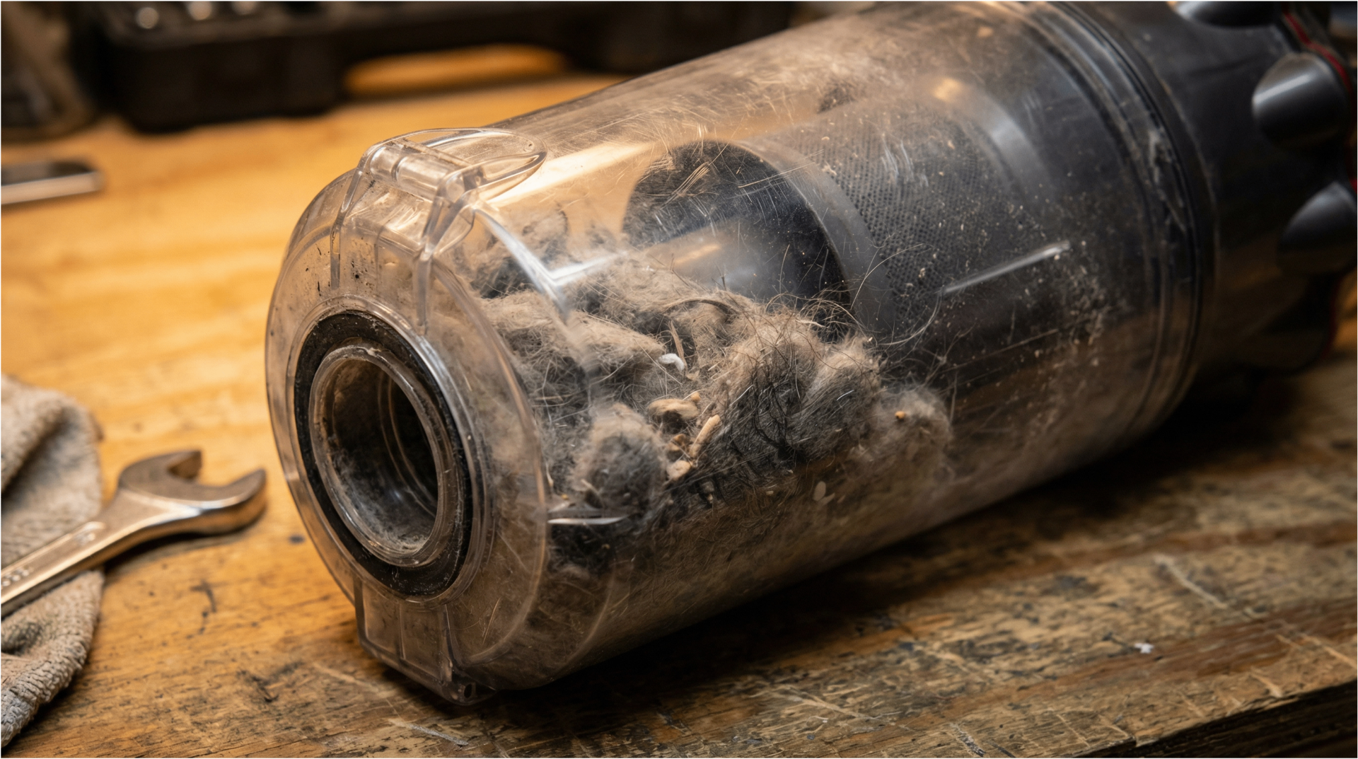 Vacuum bin filled with dust and debris