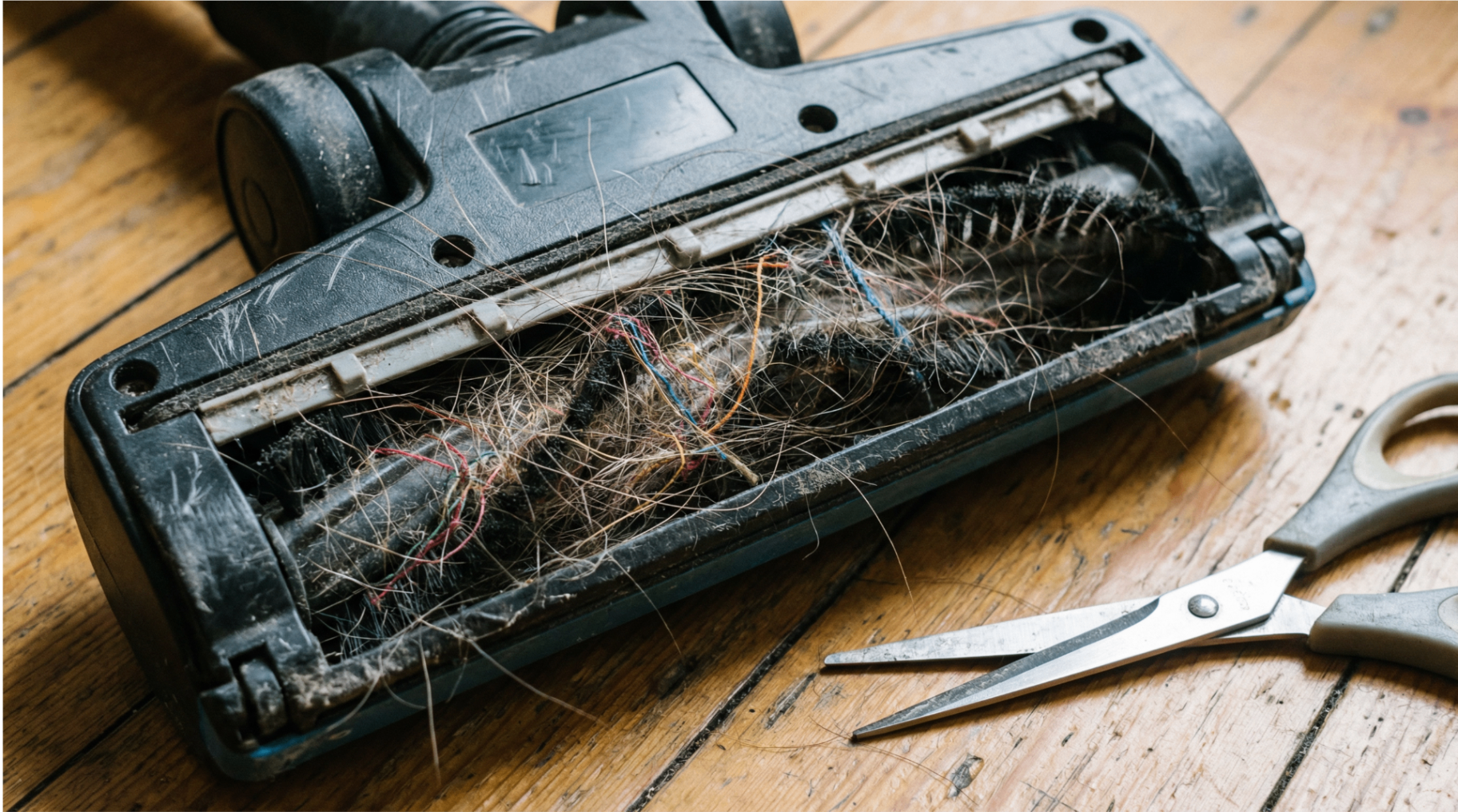 Vacuum brush roll tangled with hair and string