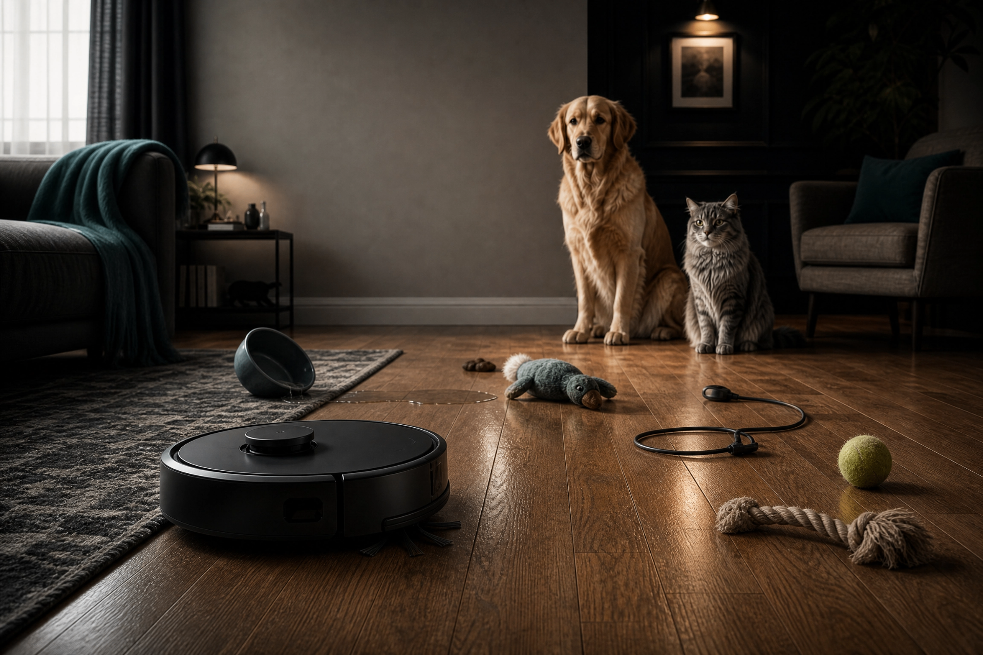Robot vacuum stops before pet toys, a cord, a bowl, and a pet accident on a hardwood floor