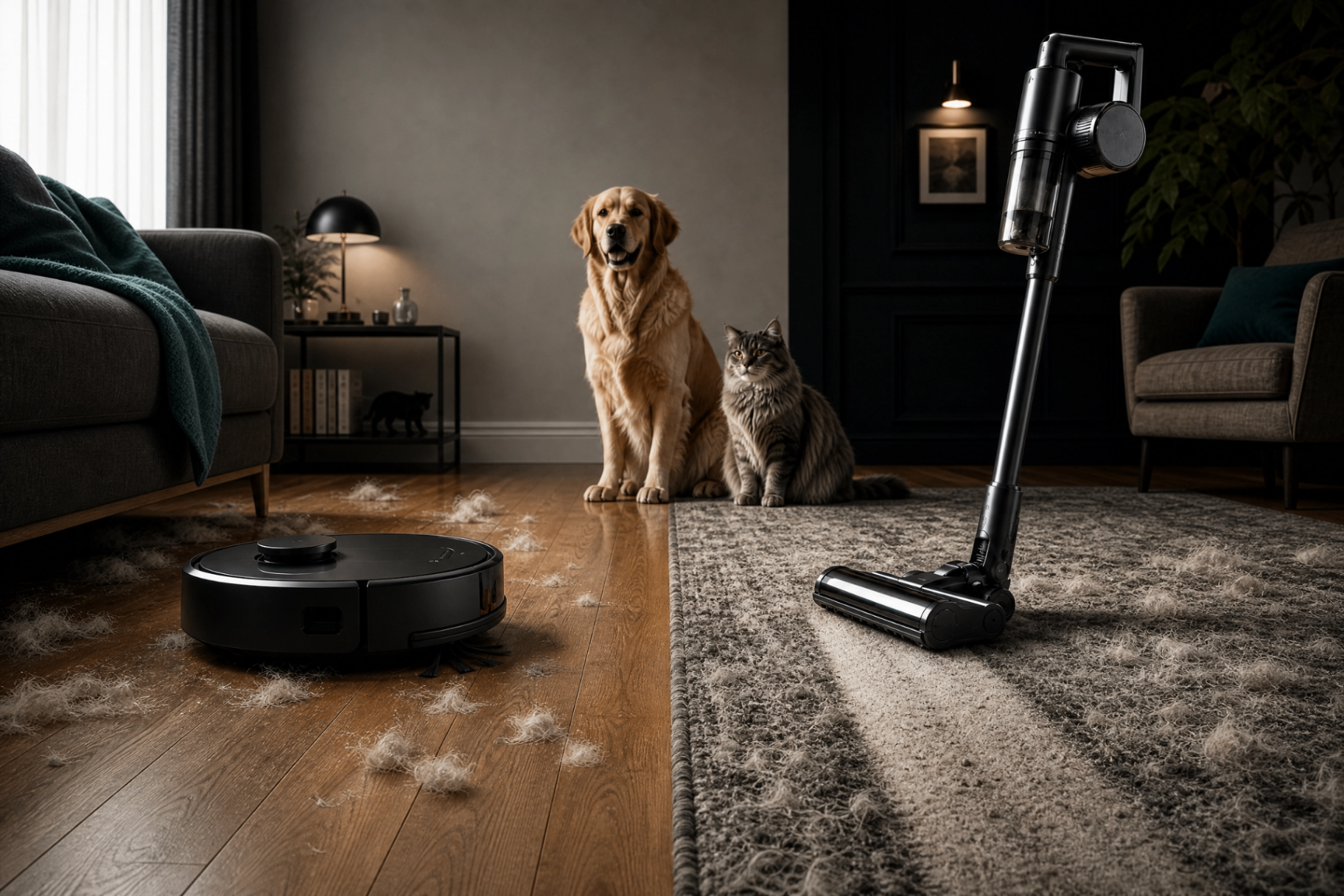 Robot vacuum cleans loose pet hair on hardwood while a cordless stick cleans carpet