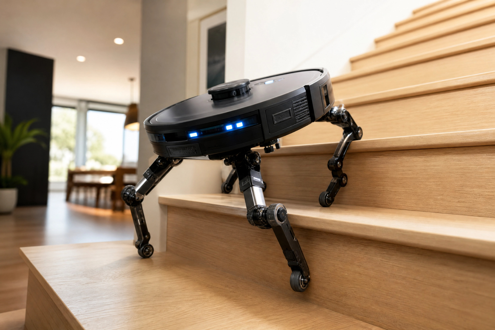 A robot vacuum with articulated legs climbing a wooden staircase in a modern home