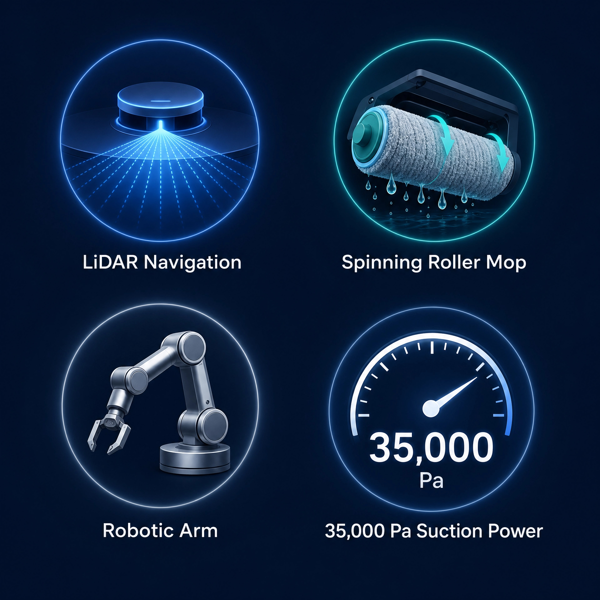 Technology infographic showing LiDAR navigation, spinning roller mop, robotic arm, and 35,000 Pa suction power icons