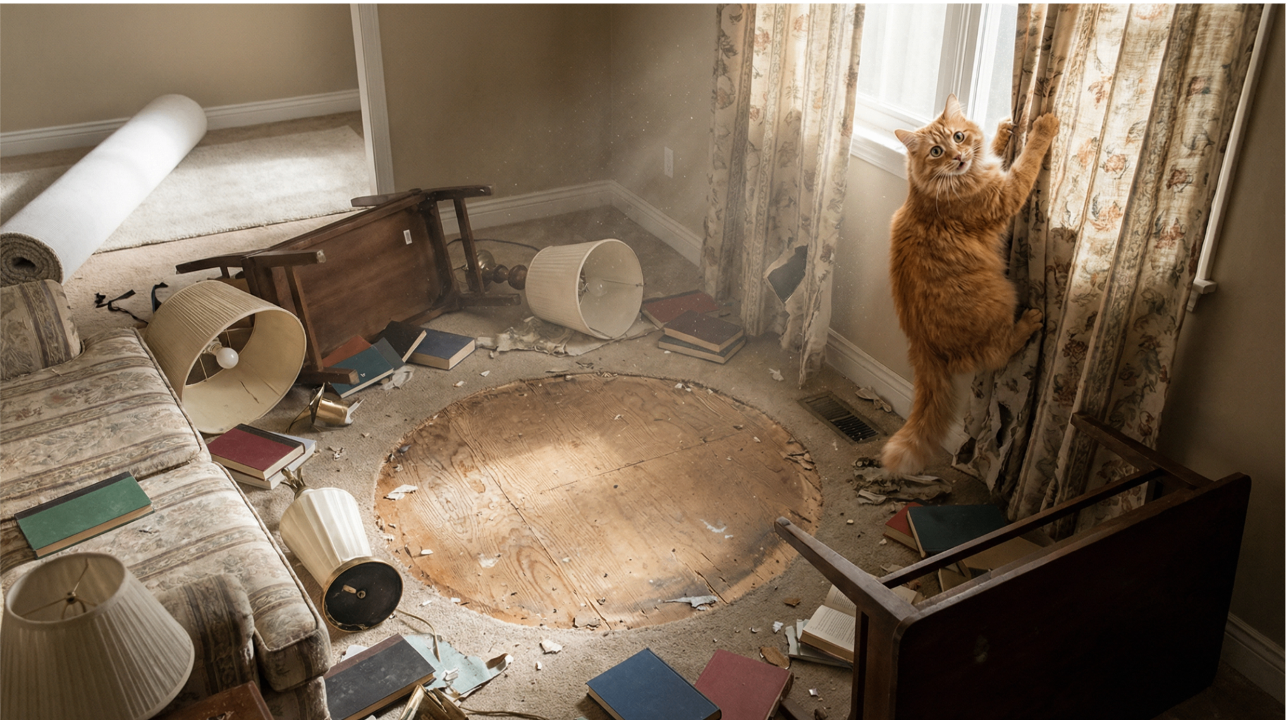 Destroyed living room with crater in floor and cat clinging to curtains