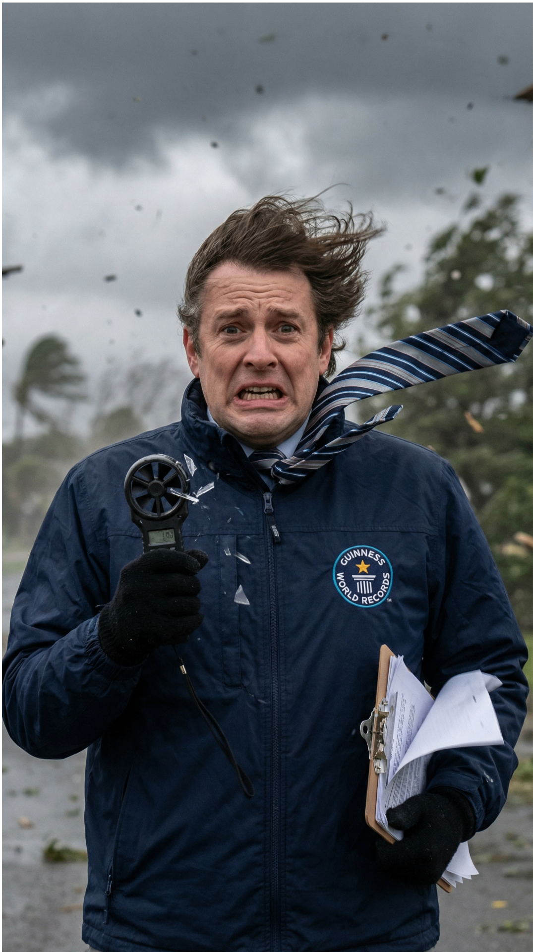 Guinness World Records official Nigel with his tie blown horizontal, looking terrified